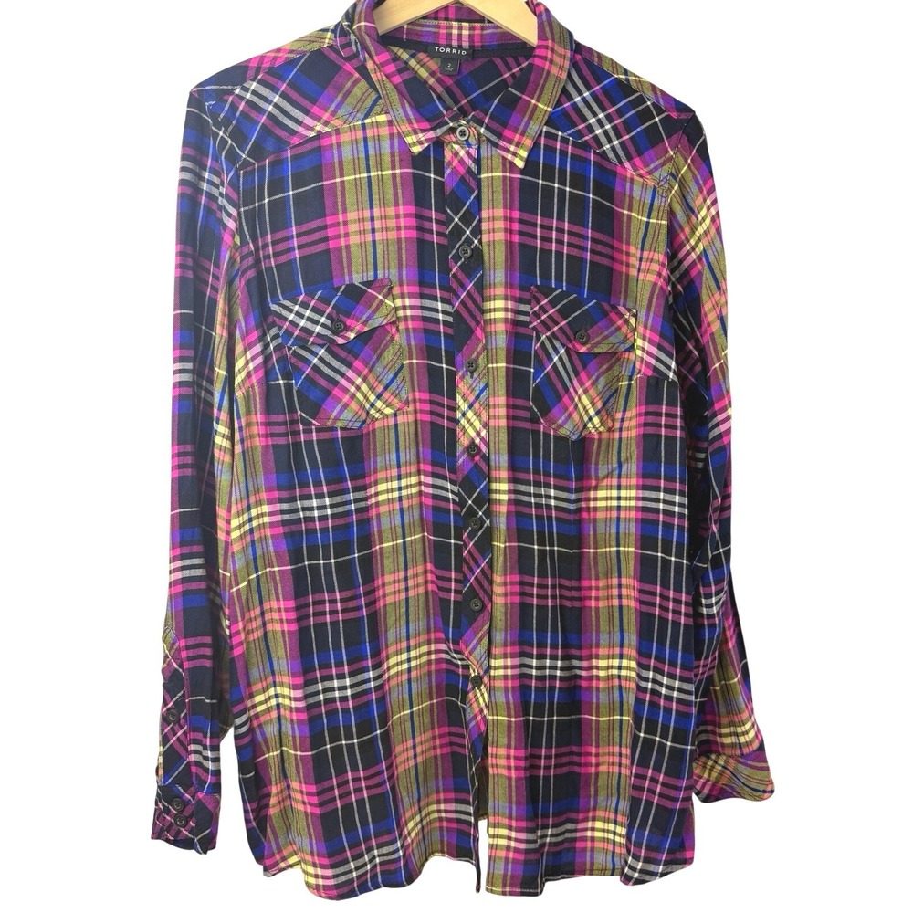 Torrid Plaid Button Up Top Womens 2 Pink Grunge Punk Y2K Flannel